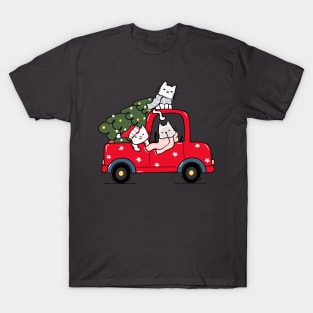 cute kitten cat with christmas tree on red truck car T-Shirt